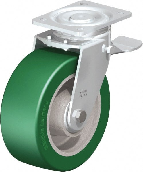 Blickle - 8" Diam x 3-9/64" Wide x 9-41/64" OAH Top Plate Mount Swivel Caster with Brake - Polyurethane-Elastomer Blickle Softhane, 1,760 Lb Capacity, Ball Bearing, 5-1/2 x 4-3/8" Plate - Exact Tooling