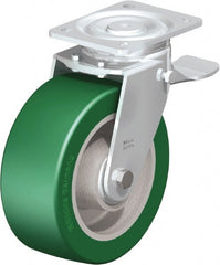 Blickle - 8" Diam x 3-9/64" Wide x 9-41/64" OAH Top Plate Mount Swivel Caster with Brake - Polyurethane-Elastomer Blickle Softhane, 1,760 Lb Capacity, Ball Bearing, 5-1/2 x 4-3/8" Plate - Exact Tooling