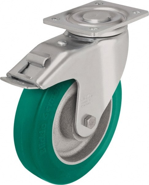 Blickle - 8" Diam x 1-31/32" Wide x 9-41/64" OAH Top Plate Mount Swivel Caster with Brake - Polyurethane-Elastomer Blickle Softhane, 1,760 Lb Capacity, Ball Bearing, 5-1/2 x 4-3/8" Plate - Exact Tooling