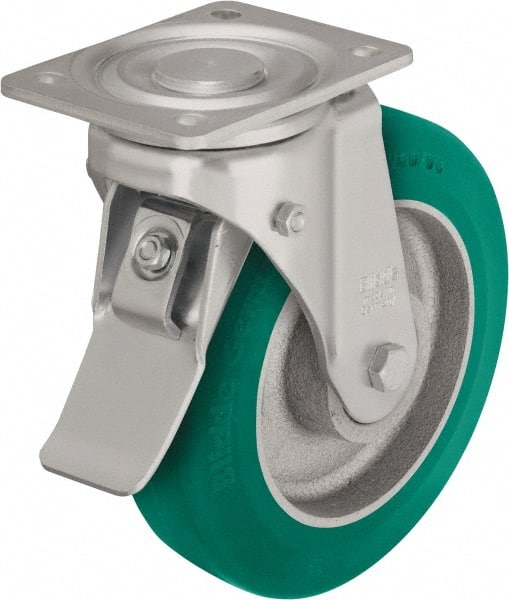 Blickle - 6-1/2" Diam x 1-31/32" Wide x 7-61/64" OAH Top Plate Mount Swivel Caster with Brake - Polyurethane-Elastomer Blickle Softhane, 1,320 Lb Capacity, Ball Bearing, 5-1/2 x 4-3/8" Plate - Exact Tooling