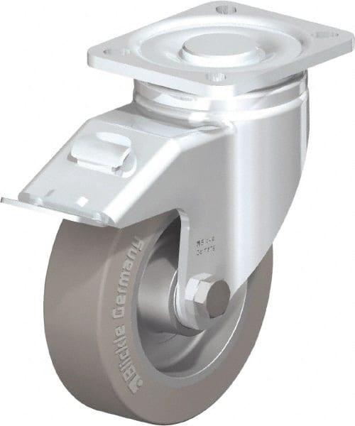 Blickle - 5" Diam x 1-9/16" Wide x 6-1/2" OAH Top Plate Mount Swivel Caster with Brake - Solid Rubber, 550 Lb Capacity, Ball Bearing, 3-15/16 x 3-3/8" Plate - Exact Tooling