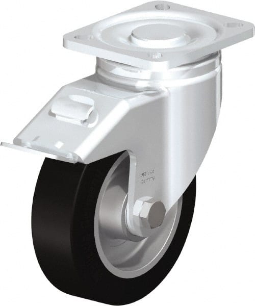 Blickle - 5" Diam x 1-9/16" Wide x 6-1/2" OAH Top Plate Mount Swivel Caster with Brake - Solid Rubber, 550 Lb Capacity, Ball Bearing, 3-15/16 x 3-3/8" Plate - Exact Tooling