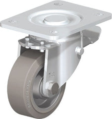 Blickle - 4" Diam x 1-9/16" Wide x 5-33/64" OAH Top Plate Mount Swivel Caster with Brake - Solid Rubber, 440 Lb Capacity, Ball Bearing, 5-1/2 x 4-3/8" Plate - Exact Tooling
