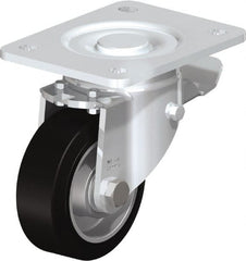 Blickle - 4" Diam x 1-9/16" Wide x 5-33/64" OAH Top Plate Mount Swivel Caster with Brake - Solid Rubber, 440 Lb Capacity, Ball Bearing, 5-1/2 x 4-3/8" Plate - Exact Tooling