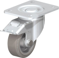 Blickle - 4" Diam x 1-9/16" Wide x 5-33/64" OAH Top Plate Mount Swivel Caster with Brake - Solid Rubber, 440 Lb Capacity, Ball Bearing, 5-1/2 x 4-3/8" Plate - Exact Tooling