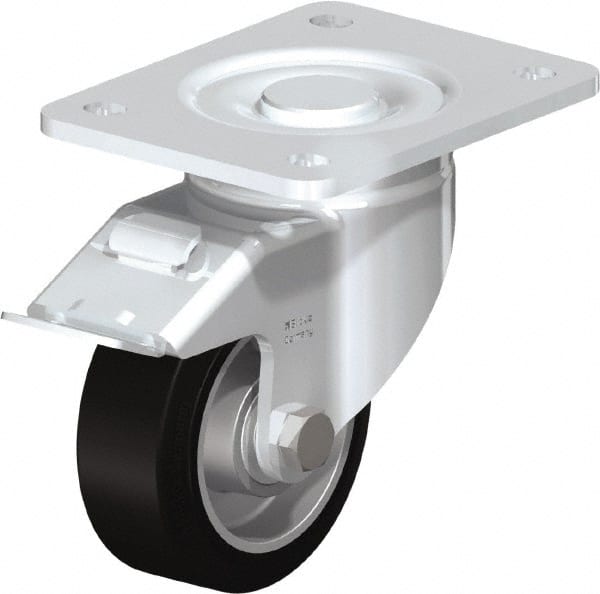 Blickle - 4" Diam x 1-9/16" Wide x 5-33/64" OAH Top Plate Mount Swivel Caster with Brake - Solid Rubber, 440 Lb Capacity, Ball Bearing, 5-1/2 x 4-3/8" Plate - Exact Tooling