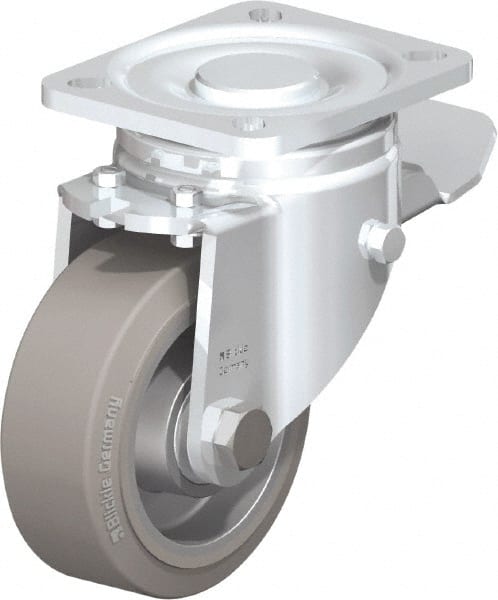 Blickle - 4" Diam x 1-9/16" Wide x 5-33/64" OAH Top Plate Mount Swivel Caster with Brake - Solid Rubber, 440 Lb Capacity, Ball Bearing, 3-15/16 x 3-3/8" Plate - Exact Tooling