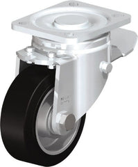 Blickle - 4" Diam x 1-9/16" Wide x 5-33/64" OAH Top Plate Mount Swivel Caster with Brake - Solid Rubber, 440 Lb Capacity, Ball Bearing, 3-15/16 x 3-3/8" Plate - Exact Tooling