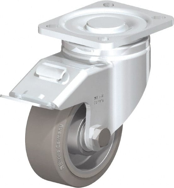 Blickle - 4" Diam x 1-9/16" Wide x 5-33/64" OAH Top Plate Mount Swivel Caster with Brake - Solid Rubber, 440 Lb Capacity, Ball Bearing, 3-15/16 x 3-3/8" Plate - Exact Tooling