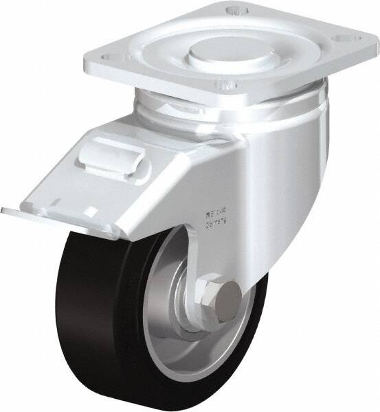 Blickle - 4" Diam x 1-9/16" Wide x 5-33/64" OAH Top Plate Mount Swivel Caster with Brake - Solid Rubber, 440 Lb Capacity, Ball Bearing, 3-15/16 x 3-3/8" Plate - Exact Tooling