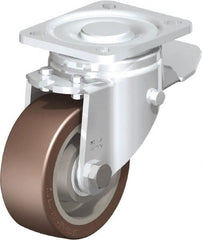 Blickle - 4" Diam x 1-37/64" Wide x 5-33/64" OAH Top Plate Mount Swivel Caster with Brake - Polyurethane-Elastomer Blickle Softhane, 880 Lb Capacity, Ball Bearing, 3-15/16 x 3-3/8" Plate - Exact Tooling