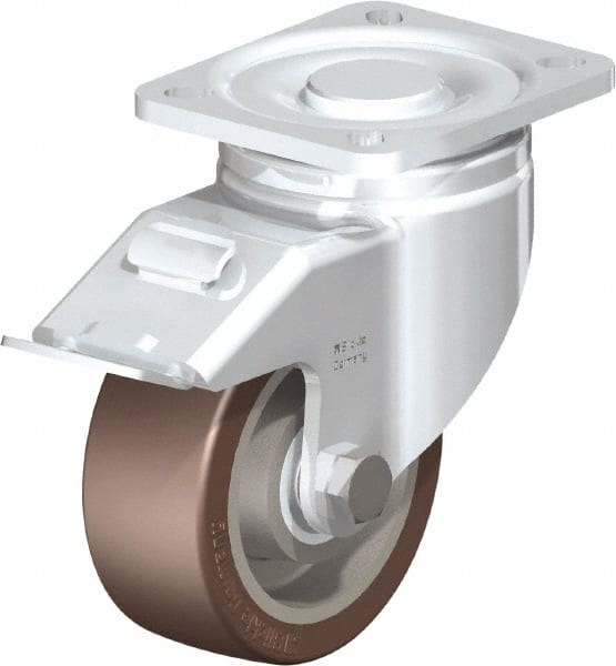Blickle - 4" Diam x 1-37/64" Wide x 5-33/64" OAH Top Plate Mount Swivel Caster with Brake - Polyurethane-Elastomer Blickle Softhane, 880 Lb Capacity, Ball Bearing, 3-15/16 x 3-3/8" Plate - Exact Tooling