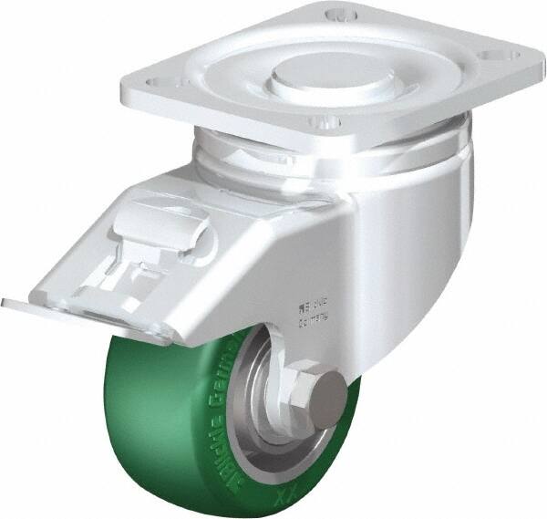 Blickle - 3" Diam x 1-9/16" Wide x 4-23/32" OAH Top Plate Mount Swivel Caster with Brake - Polyurethane-Elastomer Blickle Softhane, 506 Lb Capacity, Ball Bearing, 3-15/16 x 3-3/8" Plate - Exact Tooling