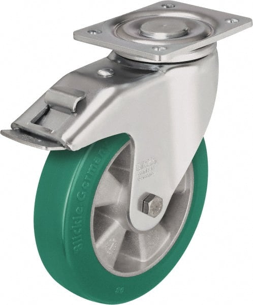 Blickle - 5" Diam x 2-1/8" Wide x 6-11/16" OAH Top Plate Mount Swivel Caster with Brake - Polyurethane-Elastomer Blickle Softhane, 990 Lb Capacity, Ball Bearing, 5-1/2 x 4-3/8" Plate - Exact Tooling