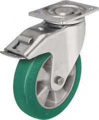 Blickle - 6" Diam x 2-1/8" Wide x 7-3/4" OAH Top Plate Mount Swivel Caster with Brake - Polyurethane-Elastomer Blickle Softhane, 1,100 Lb Capacity, Ball Bearing, 5-1/2 x 4-3/8" Plate - Exact Tooling