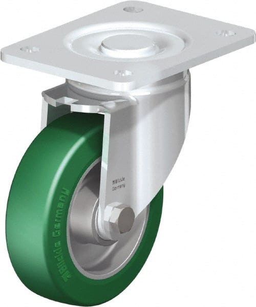 Blickle - 5" Diam x 1-9/16" Wide x 6-1/2" OAH Top Plate Mount Swivel Caster - Polyurethane-Elastomer Blickle Softhane, 770 Lb Capacity, Ball Bearing, 5-1/2 x 4-3/8" Plate - Exact Tooling