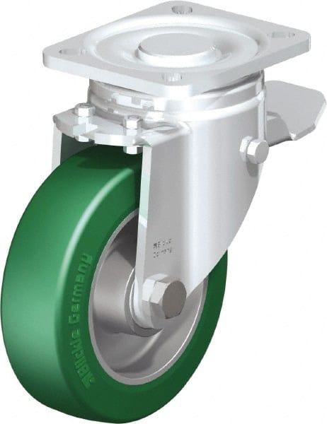 Blickle - 5" Diam x 1-9/16" Wide x 6-1/2" OAH Top Plate Mount Swivel Caster with Brake - Polyurethane-Elastomer Blickle Softhane, 770 Lb Capacity, Ball Bearing, 3-15/16 x 3-3/8" Plate - Exact Tooling