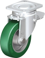 Blickle - 5" Diam x 1-9/16" Wide x 6-1/2" OAH Top Plate Mount Swivel Caster with Brake - Polyurethane-Elastomer Blickle Softhane, 770 Lb Capacity, Ball Bearing, 3-15/16 x 3-3/8" Plate - Exact Tooling