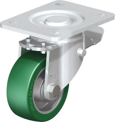 Blickle - 4" Diam x 1-9/16" Wide x 5-33/64" OAH Top Plate Mount Swivel Caster with Brake - Polyurethane-Elastomer Blickle Softhane, 660 Lb Capacity, Ball Bearing, 5-1/2 x 4-3/8" Plate - Exact Tooling