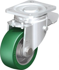 Blickle - 4" Diam x 1-9/16" Wide x 5-33/64" OAH Top Plate Mount Swivel Caster with Brake - Polyurethane-Elastomer Blickle Softhane, 660 Lb Capacity, Ball Bearing, 3-15/16 x 3-3/8" Plate - Exact Tooling