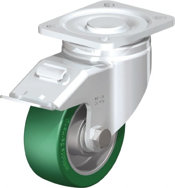 Blickle - 4" Diam x 1-9/16" Wide x 5-33/64" OAH Top Plate Mount Swivel Caster with Brake - Polyurethane-Elastomer Blickle Softhane, 660 Lb Capacity, Ball Bearing, 3-15/16 x 3-3/8" Plate - Exact Tooling