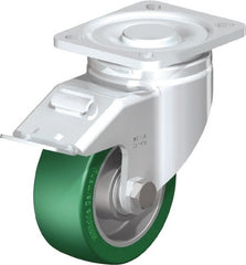 Blickle - 4" Diam x 1-9/16" Wide x 5-33/64" OAH Top Plate Mount Swivel Caster with Brake - Polyurethane-Elastomer Blickle Softhane, 660 Lb Capacity, Ball Bearing, 3-15/16 x 3-3/8" Plate - Exact Tooling