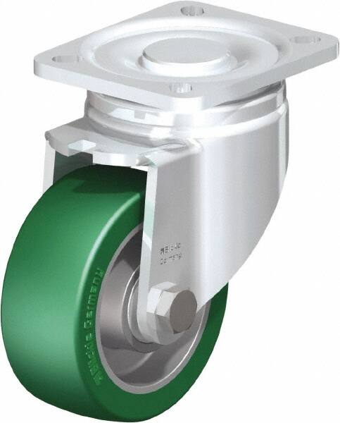 Blickle - 4" Diam x 1-9/16" Wide x 5-33/64" OAH Top Plate Mount Swivel Caster - Polyurethane-Elastomer Blickle Softhane, 660 Lb Capacity, Ball Bearing, 3-15/16 x 3-3/8" Plate - Exact Tooling