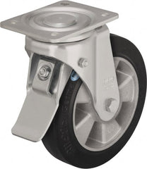 Blickle - 8" Diam x 2" Wide x 9-41/64" OAH Top Plate Mount Swivel Caster with Brake - Solid Rubber, 1,210 Lb Capacity, Ball Bearing, 5-1/2 x 4-3/8" Plate - Exact Tooling