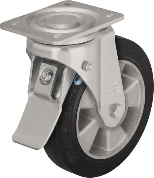 Blickle - 6-1/2" Diam x 2" Wide x 7-61/64" OAH Top Plate Mount Swivel Caster with Brake - Solid Rubber, 880 Lb Capacity, Ball Bearing, 5-1/2 x 4-3/8" Plate - Exact Tooling