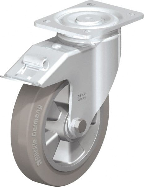 Blickle - 8" Diam x 2" Wide x 9-41/64" OAH Top Plate Mount Swivel Caster with Brake - Solid Rubber, 1,210 Lb Capacity, Ball Bearing, 5-1/2 x 4-3/8" Plate - Exact Tooling
