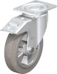 Blickle - 8" Diam x 2" Wide x 9-41/64" OAH Top Plate Mount Swivel Caster with Brake - Solid Rubber, 1,210 Lb Capacity, Ball Bearing, 5-1/2 x 4-3/8" Plate - Exact Tooling