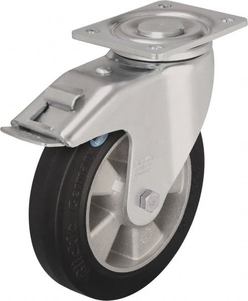 Blickle - 8" Diam x 2" Wide x 9-41/64" OAH Top Plate Mount Swivel Caster with Brake - Solid Rubber, 1,210 Lb Capacity, Ball Bearing, 5-1/2 x 4-3/8" Plate - Exact Tooling