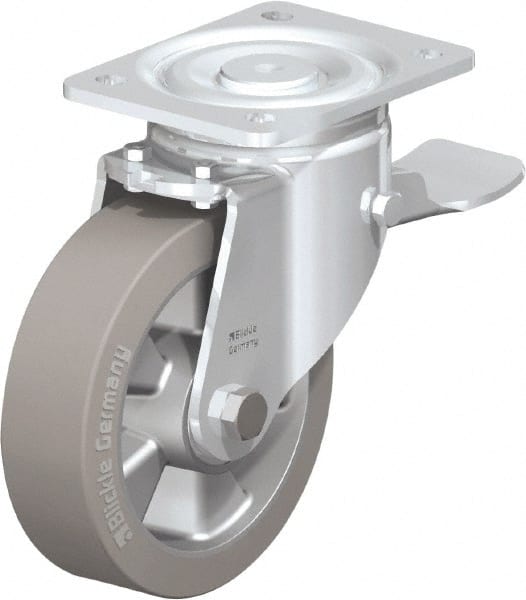 Blickle - 6-1/2" Diam x 2" Wide x 7-61/64" OAH Top Plate Mount Swivel Caster with Brake - Solid Rubber, 880 Lb Capacity, Ball Bearing, 5-1/2 x 4-3/8" Plate - Exact Tooling