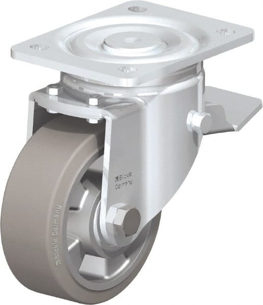 Blickle - 5" Diam x 2" Wide x 6-11/16" OAH Top Plate Mount Swivel Caster with Brake - Solid Rubber, 594 Lb Capacity, Ball Bearing, 5-1/2 x 4-3/8" Plate - Exact Tooling