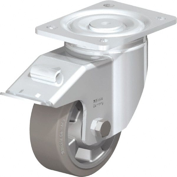 Blickle - 5" Diam x 2" Wide x 6-11/16" OAH Top Plate Mount Swivel Caster with Brake - Solid Rubber, 594 Lb Capacity, Ball Bearing, 5-1/2 x 4-3/8" Plate - Exact Tooling