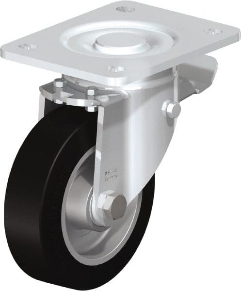 Blickle - 5" Diam x 1-9/16" Wide x 6-1/2" OAH Top Plate Mount Swivel Caster with Brake - Solid Rubber, 550 Lb Capacity, Ball Bearing, 5-1/2 x 4-3/8" Plate - Exact Tooling