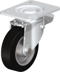 Blickle - 5" Diam x 1-9/16" Wide x 6-1/2" OAH Top Plate Mount Swivel Caster with Brake - Solid Rubber, 550 Lb Capacity, Ball Bearing, 5-1/2 x 4-3/8" Plate - Exact Tooling