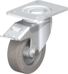 Blickle - 5" Diam x 1-9/16" Wide x 6-1/2" OAH Top Plate Mount Swivel Caster with Brake - Solid Rubber, 550 Lb Capacity, Ball Bearing, 5-1/2 x 4-3/8" Plate - Exact Tooling