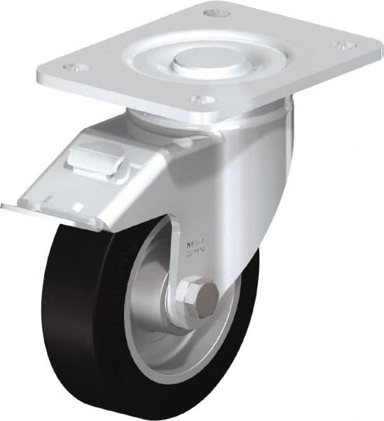 Blickle - 5" Diam x 1-9/16" Wide x 6-1/2" OAH Top Plate Mount Swivel Caster with Brake - Solid Rubber, 550 Lb Capacity, Ball Bearing, 5-1/2 x 4-3/8" Plate - Exact Tooling