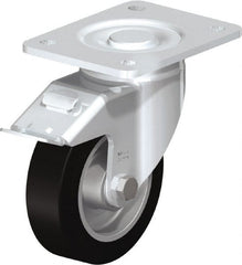 Blickle - 5" Diam x 1-9/16" Wide x 6-1/2" OAH Top Plate Mount Swivel Caster with Brake - Solid Rubber, 550 Lb Capacity, Ball Bearing, 5-1/2 x 4-3/8" Plate - Exact Tooling