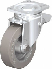 Blickle - 5" Diam x 1-9/16" Wide x 6-1/2" OAH Top Plate Mount Swivel Caster with Brake - Solid Rubber, 550 Lb Capacity, Ball Bearing, 3-15/16 x 3-3/8" Plate - Exact Tooling