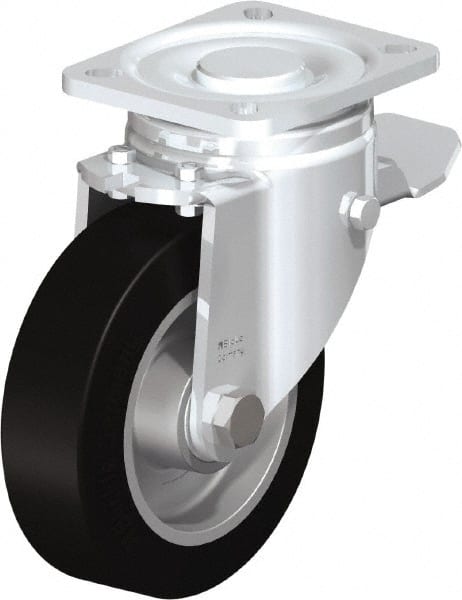 Blickle - 5" Diam x 1-9/16" Wide x 6-1/2" OAH Top Plate Mount Swivel Caster with Brake - Solid Rubber, 550 Lb Capacity, Ball Bearing, 3-15/16 x 3-3/8" Plate - Exact Tooling