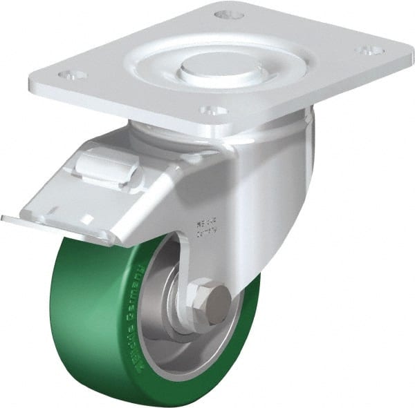 Blickle - 4" Diam x 1-9/16" Wide x 5-33/64" OAH Top Plate Mount Swivel Caster with Brake - Polyurethane-Elastomer Blickle Softhane, 660 Lb Capacity, Ball Bearing, 5-1/2 x 4-3/8" Plate - Exact Tooling