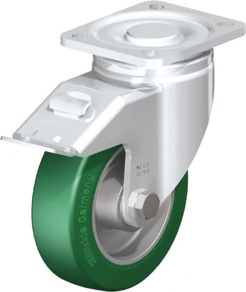 Blickle - 5" Diam x 1-9/16" Wide x 6-1/2" OAH Top Plate Mount Swivel Caster with Brake - Polyurethane-Elastomer Blickle Softhane, 770 Lb Capacity, Ball Bearing, 3-15/16 x 3-3/8" Plate - Exact Tooling