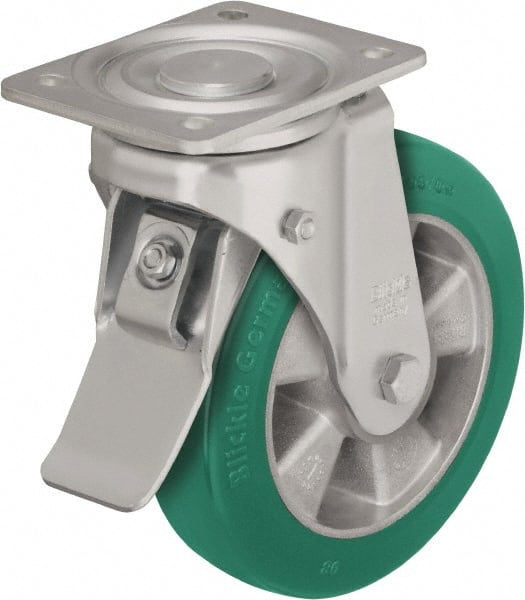 Blickle - 5" Diam x 2-1/8" Wide x 6-11/16" OAH Top Plate Mount Swivel Caster with Brake - Polyurethane-Elastomer Blickle Softhane, 990 Lb Capacity, Ball Bearing, 5-1/2 x 4-3/8" Plate - Exact Tooling