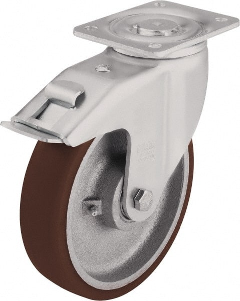 Blickle - 5" Diam x 1-31/32" Wide x 6-1/2" OAH Top Plate Mount Swivel Caster with Brake - Polyurethane-Elastomer Blickle Softhane, 1,100 Lb Capacity, Ball Bearing, 3-15/16 x 3-3/8" Plate - Exact Tooling
