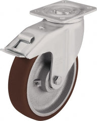 Blickle - 6-1/2" Diam x 1-31/32" Wide x 7-61/64" OAH Top Plate Mount Swivel Caster with Brake - Polyurethane-Elastomer Blickle Softhane, 1,760 Lb Capacity, Ball Bearing, 5-1/2 x 4-3/8" Plate - Exact Tooling