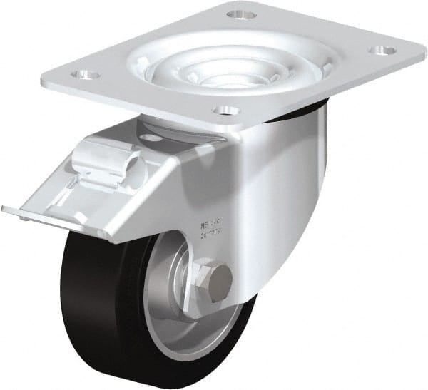Blickle - 4" Diam x 1-37/64" Wide x 5-7/64" OAH Top Plate Mount Swivel Caster with Brake - Solid Rubber, 440 Lb Capacity, Ball Bearing, 5-1/2 x 4-3/8" Plate - Exact Tooling