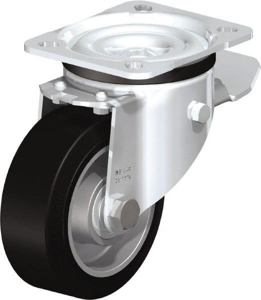 Blickle - 4" Diam x 1-37/64" Wide x 5-7/64" OAH Top Plate Mount Swivel Caster with Brake - Solid Rubber, 440 Lb Capacity, Ball Bearing, 3-15/16 x 3-3/8" Plate - Exact Tooling