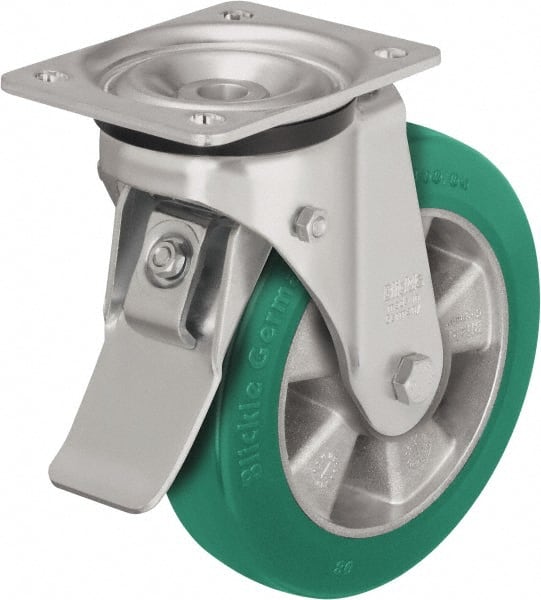 Blickle - 6-1/2" Diam x 2" Wide x 7-61/64" OAH Top Plate Mount Swivel Caster with Brake - Polyurethane-Elastomer Blickle Softhane, 1,210 Lb Capacity, Ball Bearing, 5-1/2 x 4-3/8" Plate - Exact Tooling